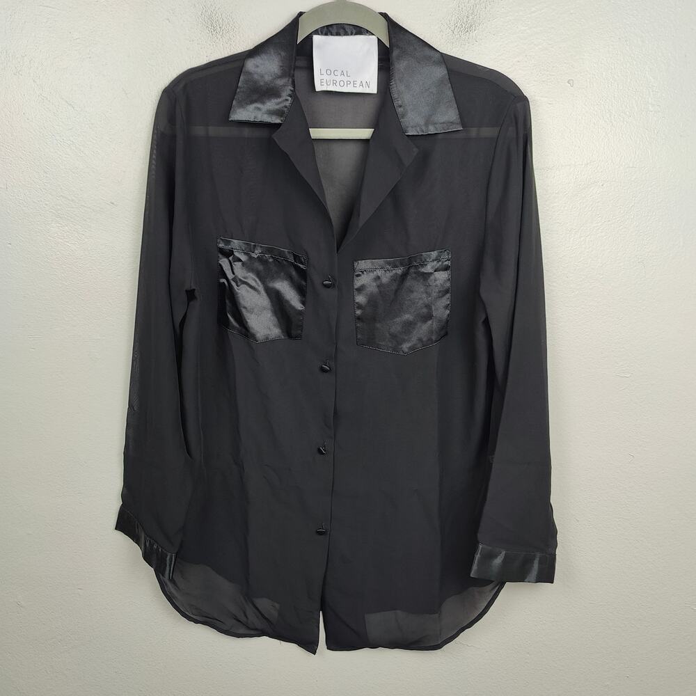 Local European Sheer Mesh‎ Top Womens Black Button Up Shirt  Satin Pockets
